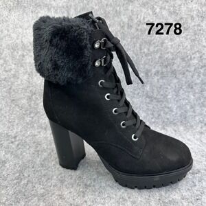GUESS Amiss Combat Boots Womens 8.5 Black Faux Suede Fur Trim Lace Up Heels